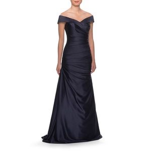 LA FEMME Off the Shoulder Ruched Satin Trumpet Gown
